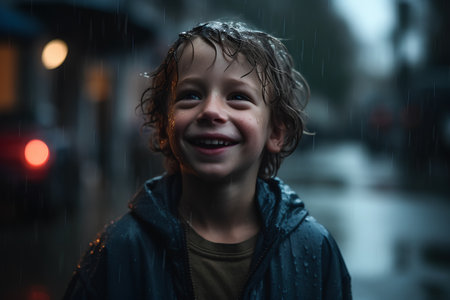 Portrait of a boy on the street in the rain at nightの素材
