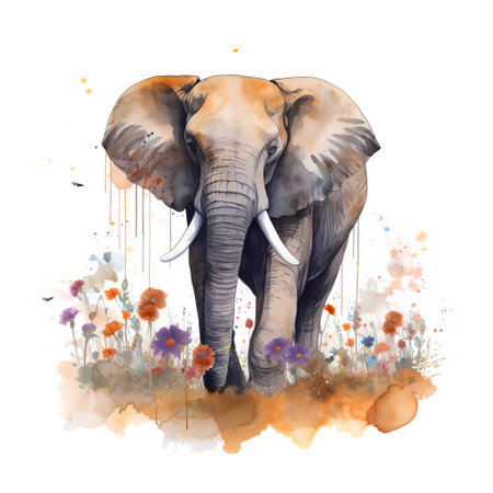 Watercolor illustration of an elephant with flowers and splashes on a white backgroundの素材