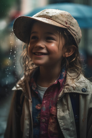 Portrait of a cute little girl in a cap on a rainy dayの素材