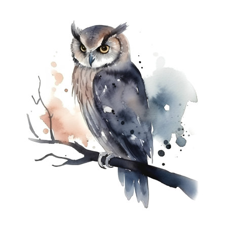 Watercolor owl on branch. Hand drawn illustration isolated on white backgroundの素材