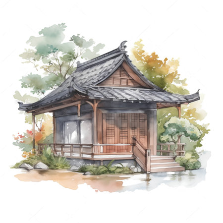 Watercolor illustration of traditional chinese wooden house in the park.の素材
