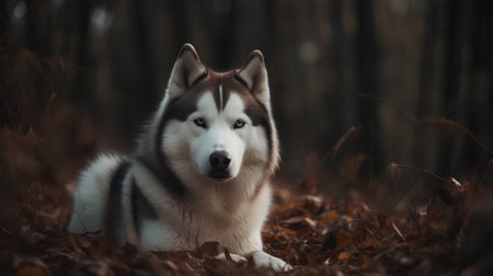 Siberian Husky dog in the autumn forest. Portrait of a beautiful husky dogの素材