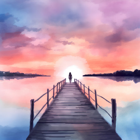 Man standing on a wooden pier at sunset. Watercolor painting.の素材