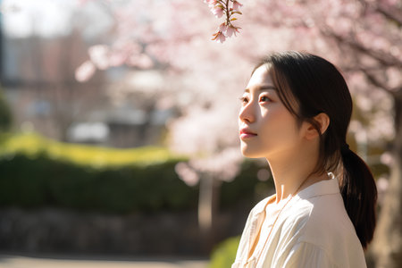 Beautiful asian woman with sakura blossom in the parkの素材
