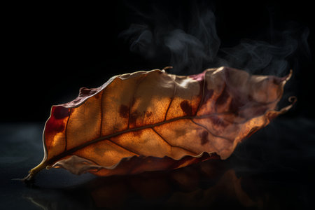 Dry leaf on a black background with smoke. Autumn background.の素材