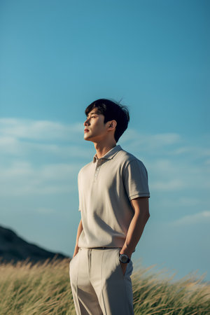 young asian man in white suit standing on top of sand dune and looking awayの素材