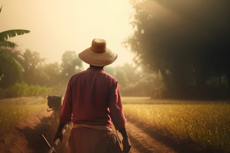 Rear view of Asian farmer in the rice field during sunset.の素材