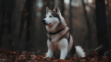 Portrait of a beautiful Siberian Husky dog sitting in the autumn forest.の素材