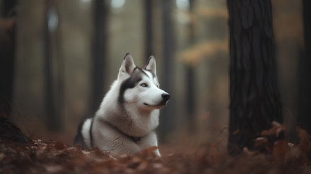 Portrait of beautiful siberian husky dog in autumn forestの素材