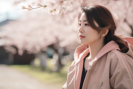 young woman with cherry blossom in japan, asian beautyの素材