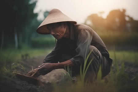 Farmer working in the rice field,vintage color tone.の素材