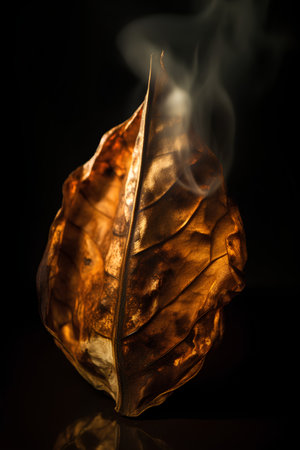 Golden leaf with smoke isolated on black background. Close-up.の素材