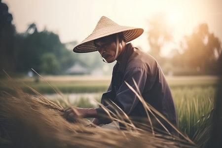 farmer working in rice field at sunset,vintage color toneの素材