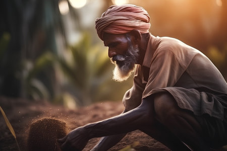 Portrait of an Indian farmer working in a corn field, Indiaの素材