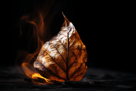 Burning autumn leaf on a black background. Fire and smoke.の素材