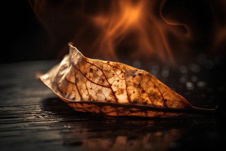 Dry leaf on a wooden table with fire in the background.の素材