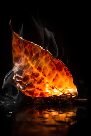 Burning leaf on a black background with smoke. Shallow depth of field.の素材