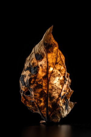 Autumn leaf on a black background. Close-up. Studio photography.の素材