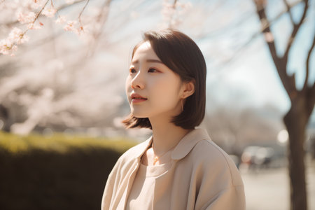 beautiful asian woman in the park with cherry blossom backgroundの素材