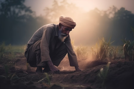 Indian farmer working on rice field in the early morning, India.の素材