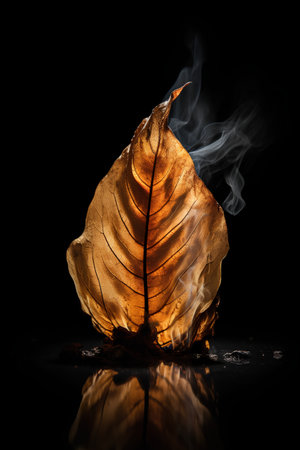 Dry leaf on a black background with smoke. Close up.の素材