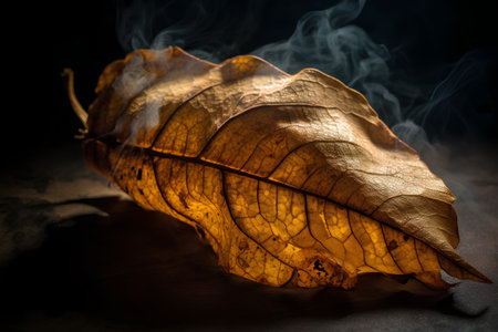 Dry leaf with smoke on a dark background. Toned.の素材