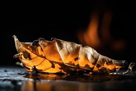 Dry leaf on a black background with a burning fire in the backgroundの素材