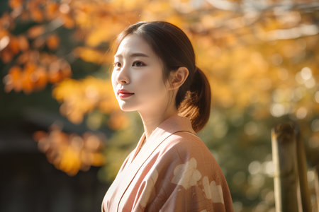 Beautiful asian woman in kimono in the autumn parkの素材
