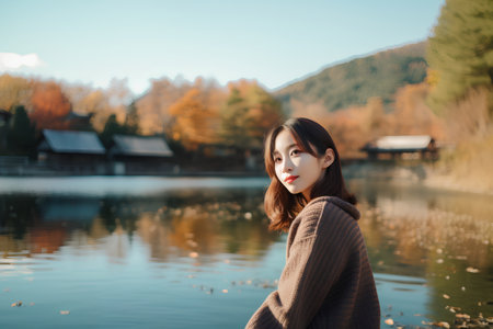 Beautiful young asian woman with red lips and sweater on autumn lake backgroundの素材