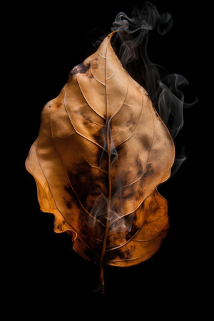 Autumn leaf with smoke isolated on a black background. Close up.の素材