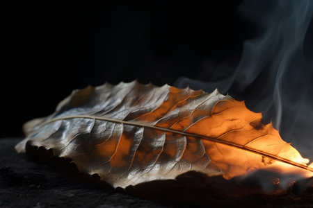 Dry leaf on a black background with a burning fire in itの素材