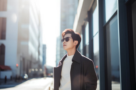 Portrait of a young beautiful woman in a coat and sunglasses in the cityの素材