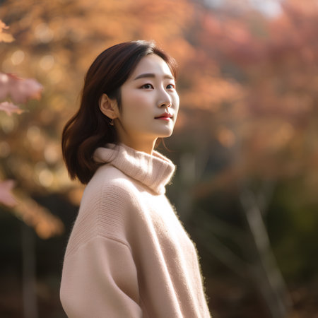 A portrait of a beautiful asian woman in the autumn park.の素材