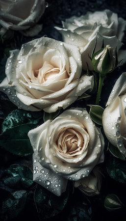 Beautiful white roses with water drops on a dark background. Toned.の素材