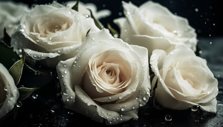 Beautiful white roses with water drops on black background. Toned.の素材