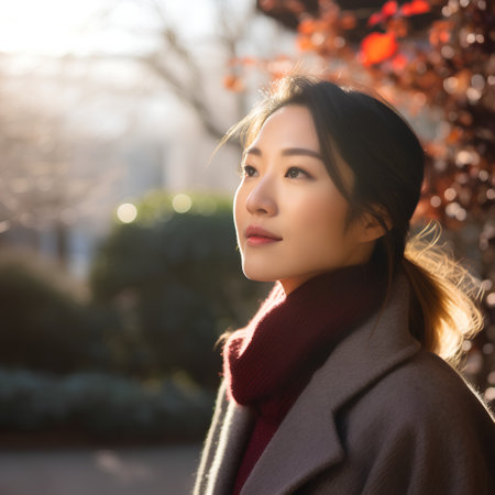 Beautiful asian woman with red scarf and coat in the cityの素材