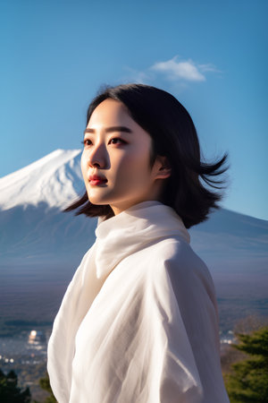 Beautiful asian woman with mountain Fuji and blue sky background.の素材