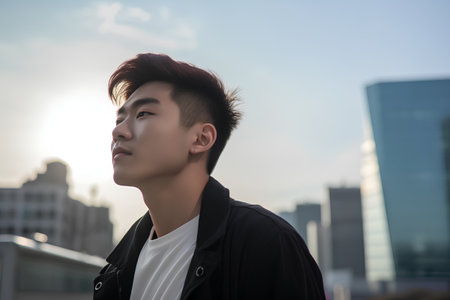 young asian man in the city (shallow DOF)の素材