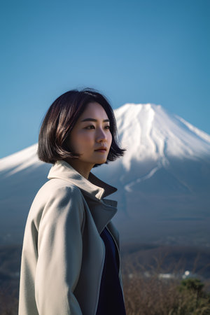 Beautiful asian woman with mountain fuji at Yamanashi, Japanの素材