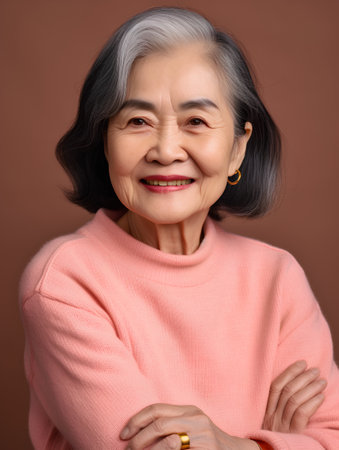 Portrait of a smiling asian senior woman on a brown backgroundの素材