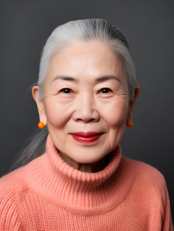 Portrait of a smiling senior asian woman on grey background.の素材