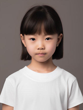 Portrait of little asian girl in white t-shirt, studio shotの素材