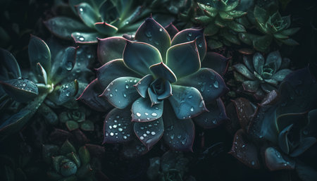 Close up of succulent plants with dew drops. Toned.の素材