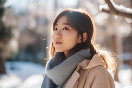 Portrait of a beautiful young asian woman in winter outdoor.の素材