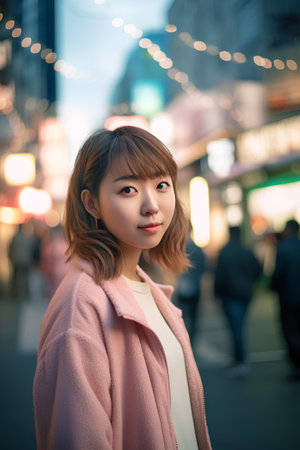 young japanese woman walking in the city (shallow DOF)の素材