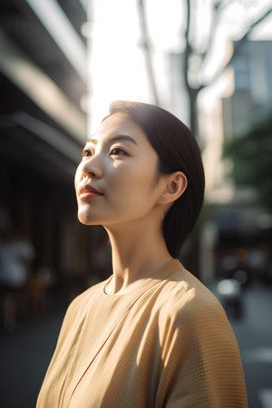 Beautiful young asian woman walking in the city at sunset.の素材