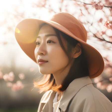 Portrait of a beautiful asian woman wearing hat in spring gardenの素材
