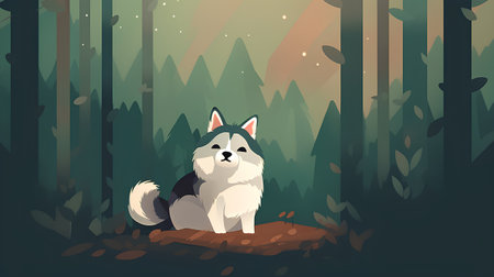 Cute siberian husky in the forest. Vector illustrationの素材