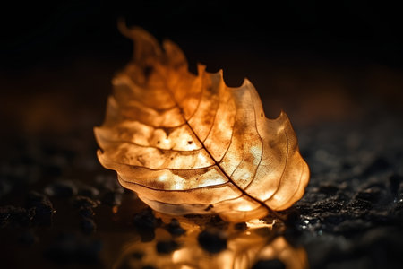 Dry autumn leaf on a black background. Autumn concept. Selective focus.の素材