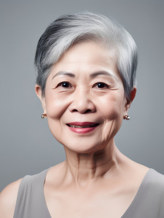 Portrait of a smiling senior asian woman with grey hair.の素材